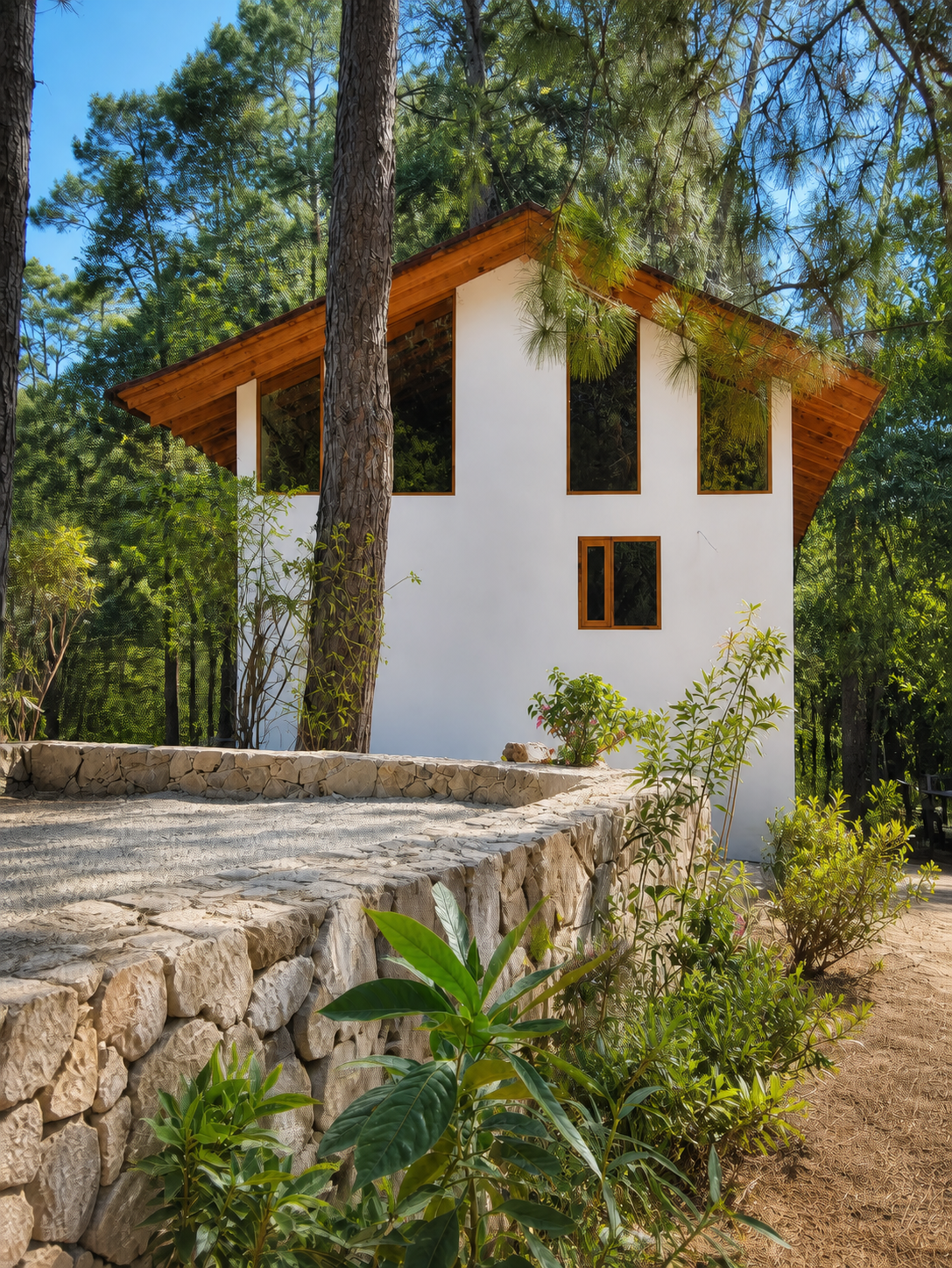Casa blanca para huéspedes entre árboles altos del bosque
